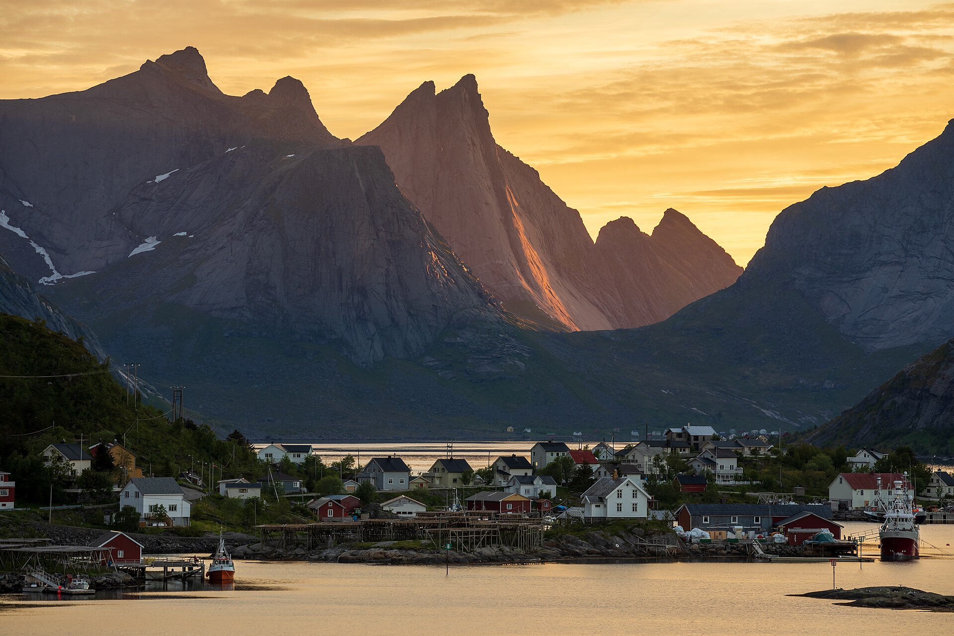 Norwegian mountains rising above Reine village in Lofoten